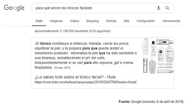 Ejemplo de caja de respuestas de Google al realizar una búsqueda concreta